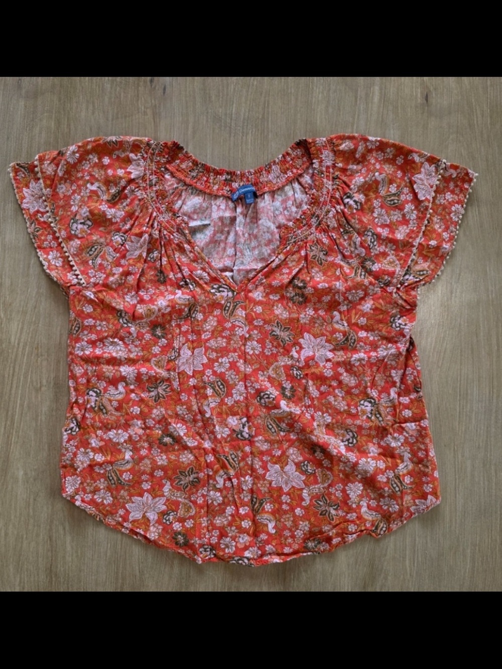 Democracy Orange Floral Flutter Sleeve Peasant Blouse Top Size S